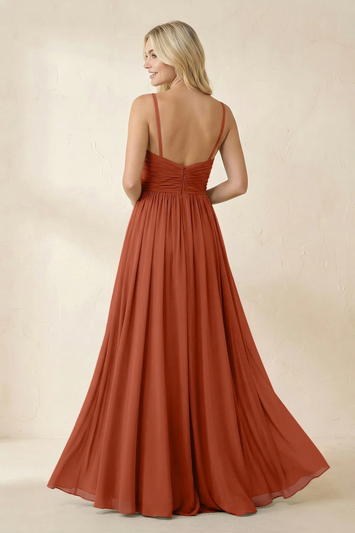 Cami Strap Chiffon A-Line Bridesmaid Dress with Slit in Spice sold by KissProm product image thumbnail 2