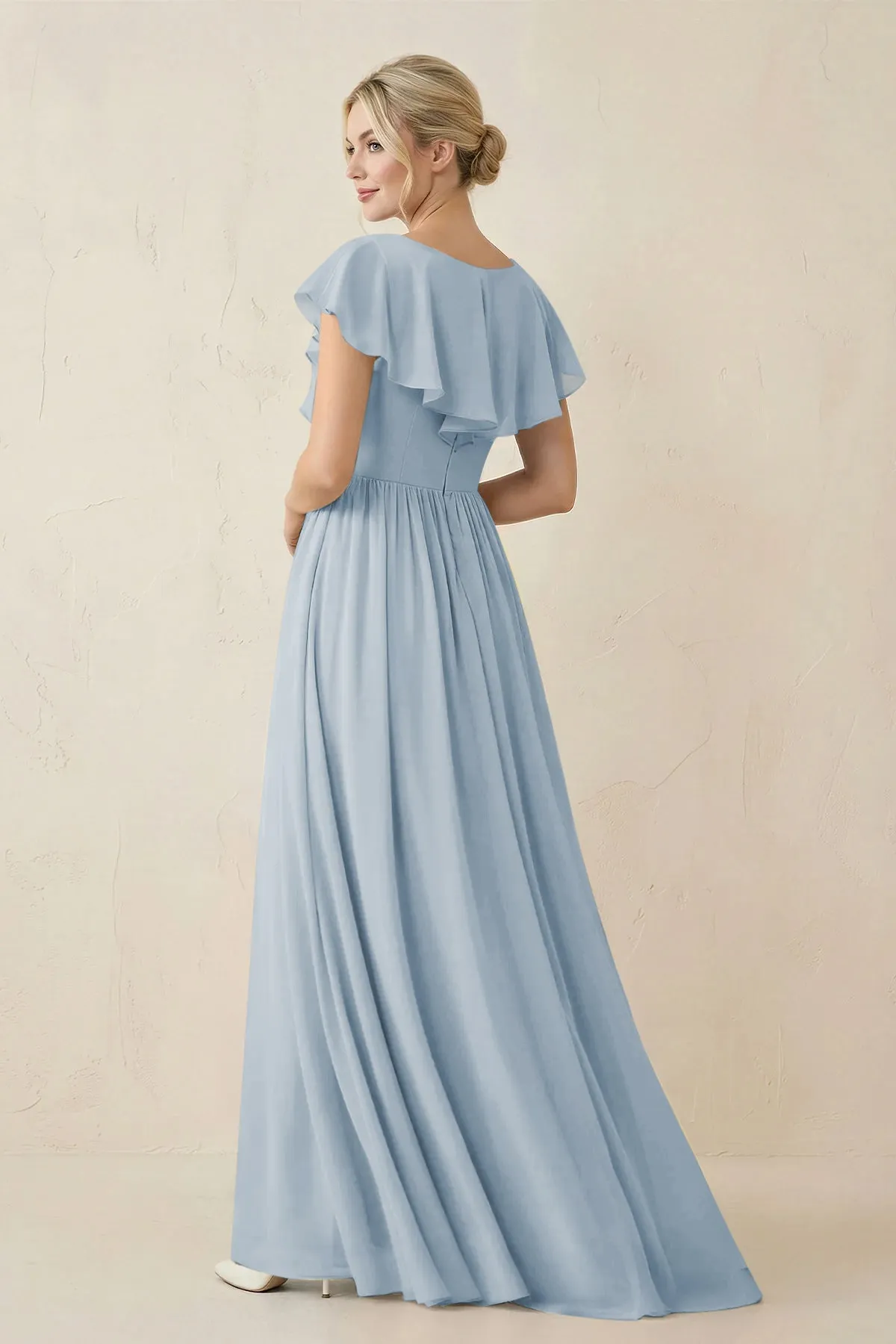 Cap Sleeve A-Line Ruffled Chiffon Bridesmaid Dress in Dusty Blue sold by KissProm product image thumbnail 2