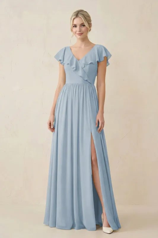 Cap Sleeve A-Line Ruffled Chiffon Bridesmaid Dress in Dusty Blue made by KissProm
