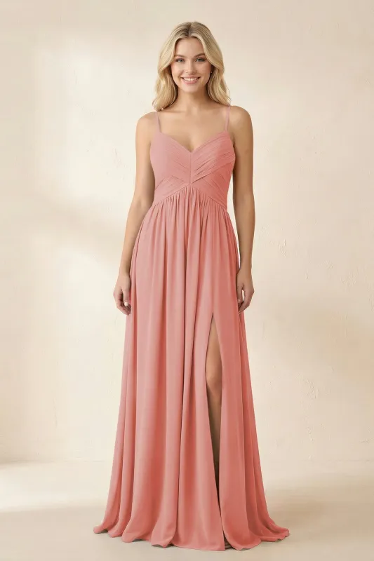 Cami Strap Chiffon A-Line Bridesmaid Dress with Slit in Mulberry made by KissProm