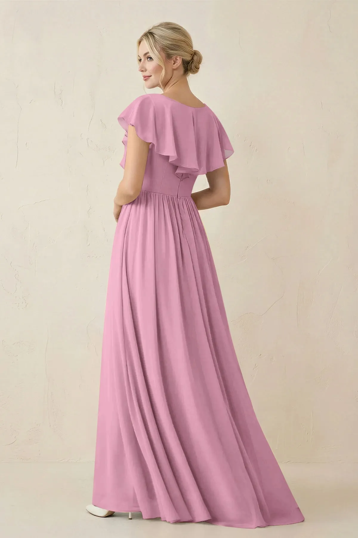Cap Sleeve A-Line Ruffled Chiffon Bridesmaid Dress in Vintage Mauve sold by KissProm product image thumbnail 2