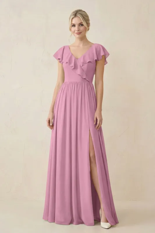 Cap Sleeve A-Line Ruffled Chiffon Bridesmaid Dress in Vintage Mauve made by KissProm