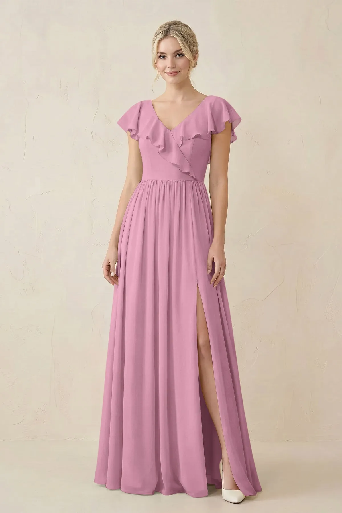 Cap Sleeve A-Line Ruffled Chiffon Bridesmaid Dress in Vintage Mauve sold by KissProm