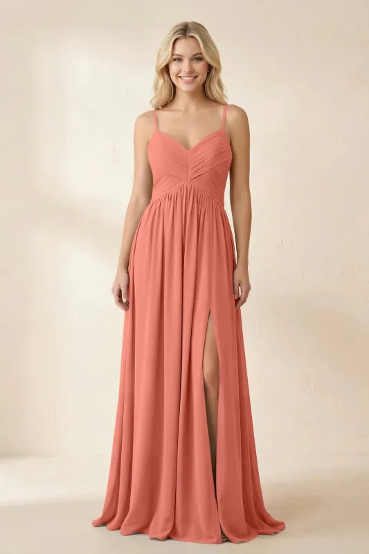 Cami Strap Chiffon A-Line Bridesmaid Dress with Slit in Wild Rose made by KissProm