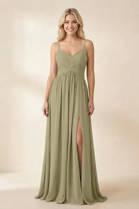 Cami Strap Chiffon A-Line Bridesmaid Dress with Slit in Thyme made by KissProm