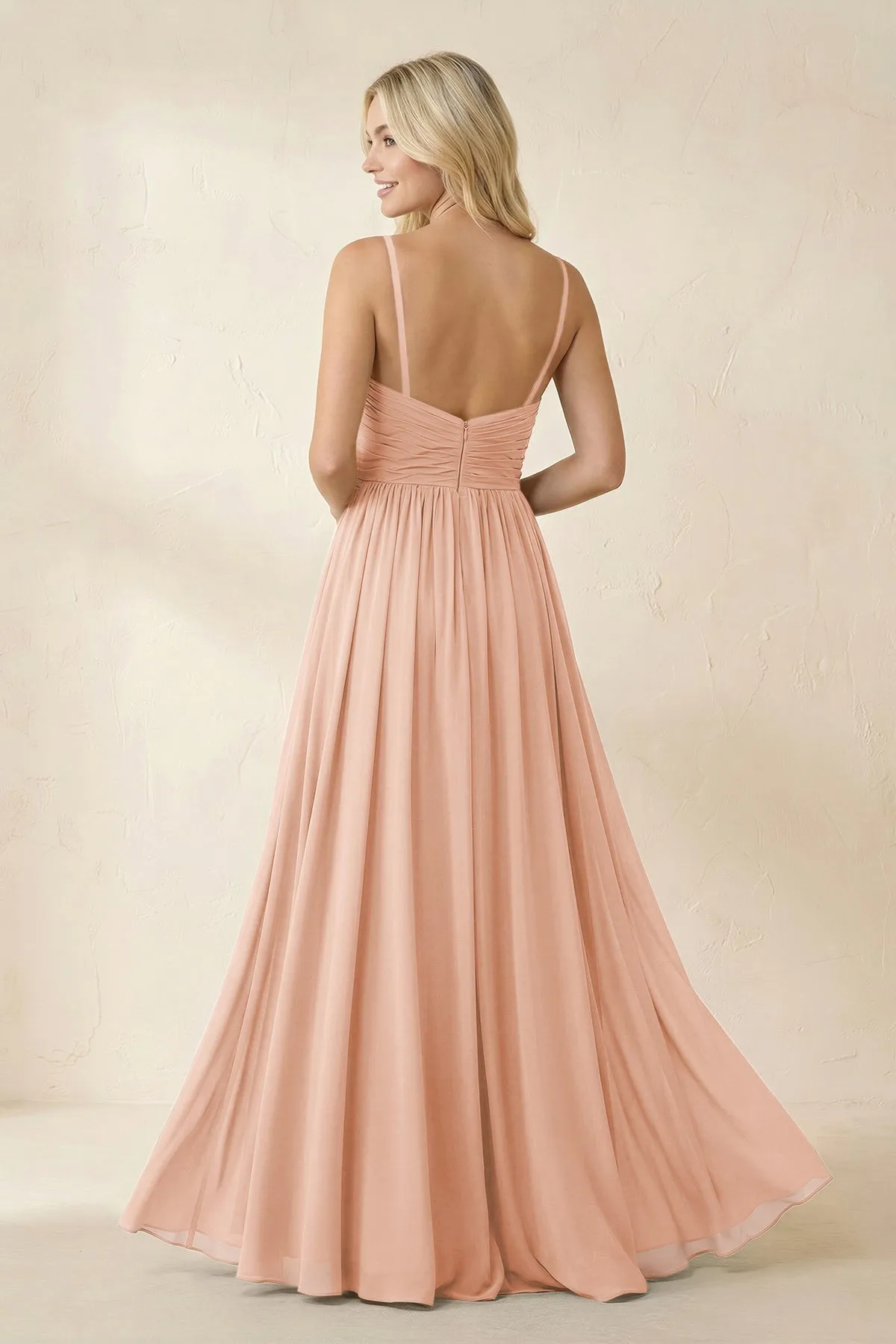 Cami Strap Chiffon A-Line Bridesmaid Dress with Slit in English Rose sold by KissProm product image thumbnail 2