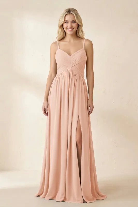 Cami Strap Chiffon A-Line Bridesmaid Dress with Slit in English Rose made by KissProm