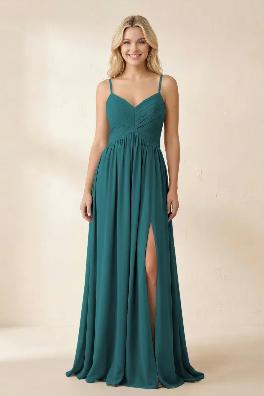 Cami Strap Chiffon A-Line Bridesmaid Dress with Slit in Pine made by KissProm