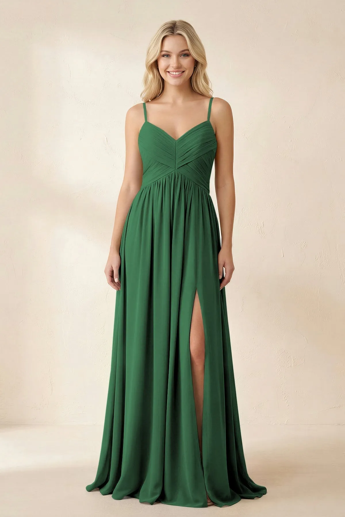 Cami Strap Chiffon A-Line Bridesmaid Dress with Slit in Dark Green sold by KissProm