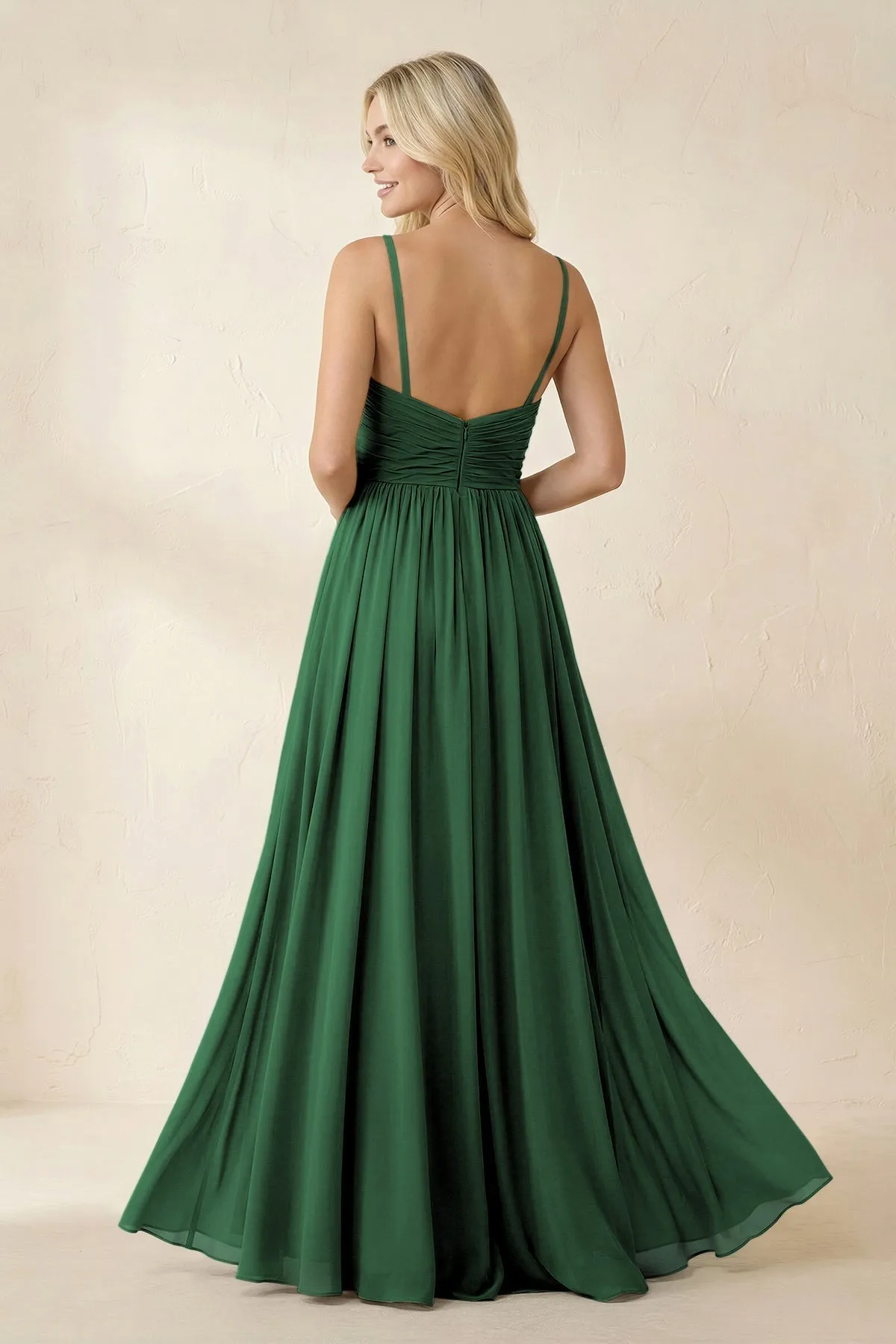 Cami Strap Chiffon A-Line Bridesmaid Dress with Slit in Dark Green sold by KissProm product image thumbnail 2