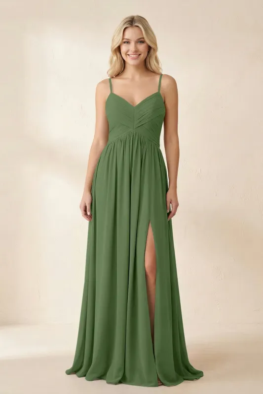 Cami Strap Chiffon A-Line Bridesmaid Dress with Slit in Moss made by KissProm