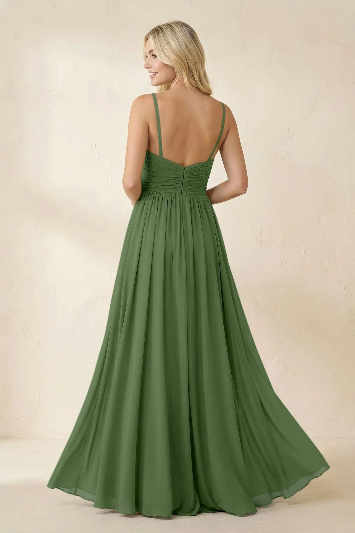Cami Strap Chiffon A-Line Bridesmaid Dress with Slit in Moss sold by KissProm product image thumbnail 2
