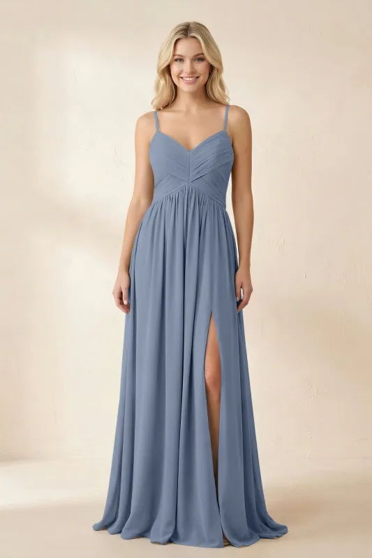 Cami Strap Chiffon A-Line Bridesmaid Dress with Slit in Neptune made by KissProm