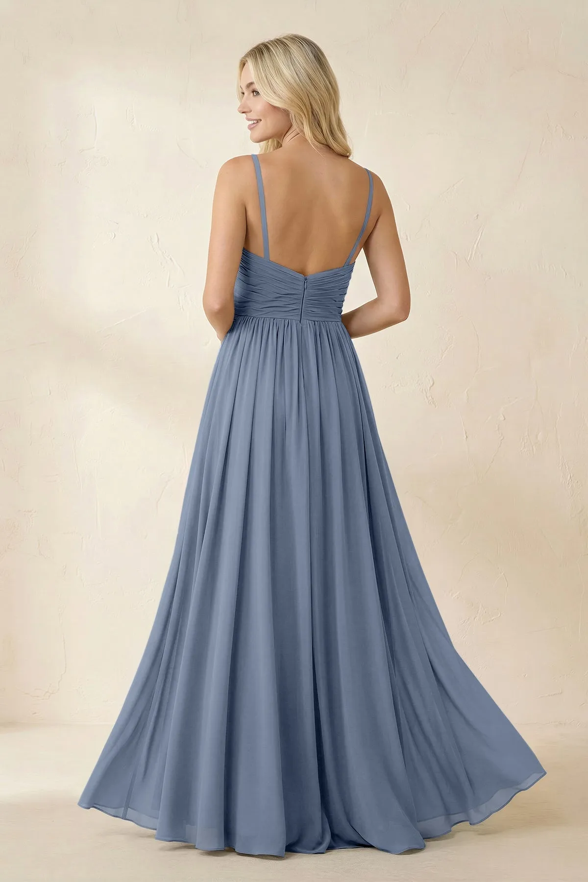 Cami Strap Chiffon A-Line Bridesmaid Dress with Slit in Neptune sold by KissProm product image thumbnail 2