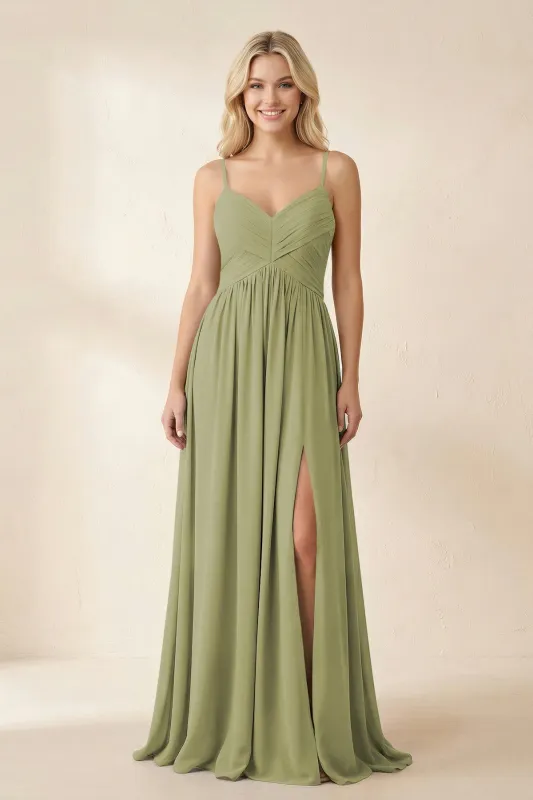 Cami Strap Chiffon A-Line Bridesmaid Dress with Slit in Moss Green made by KissProm
