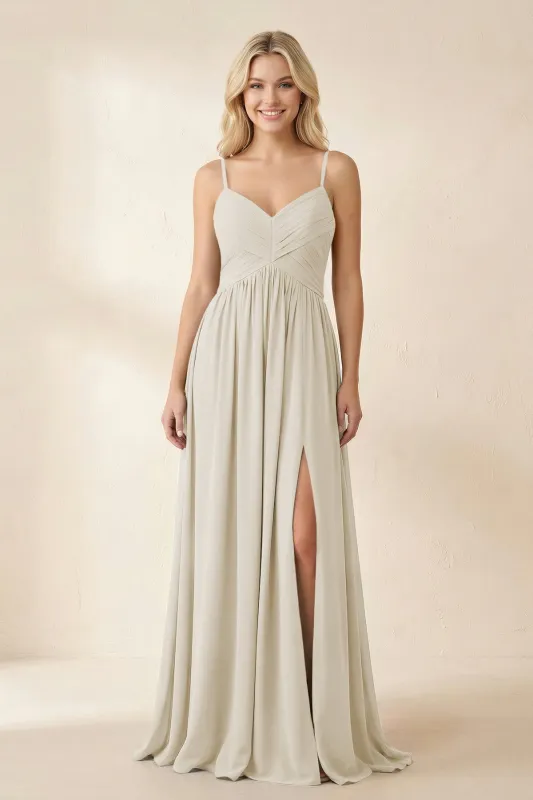 Cami Strap Chiffon A-Line Bridesmaid Dress with Slit in Dove Gray made by KissProm