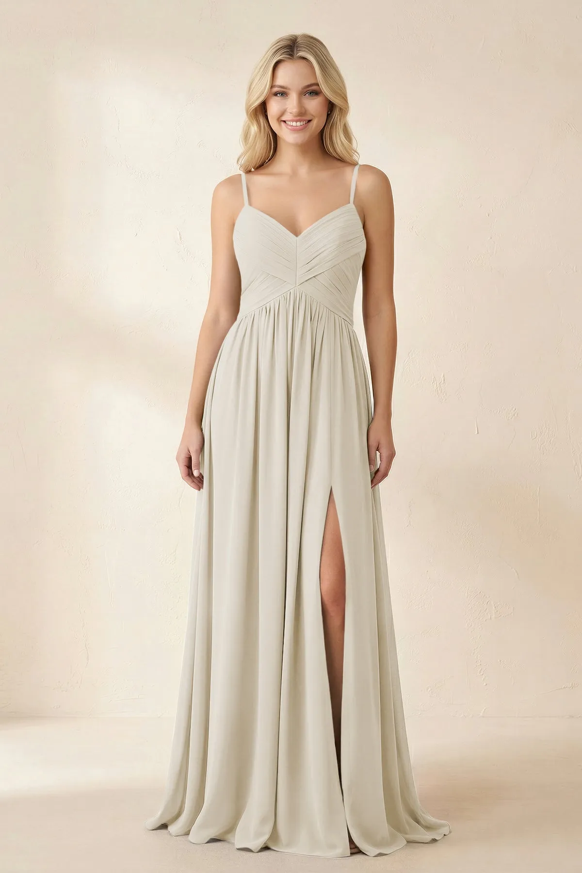 Cami Strap Chiffon A-Line Bridesmaid Dress with Slit in Dove Gray sold by KissProm
