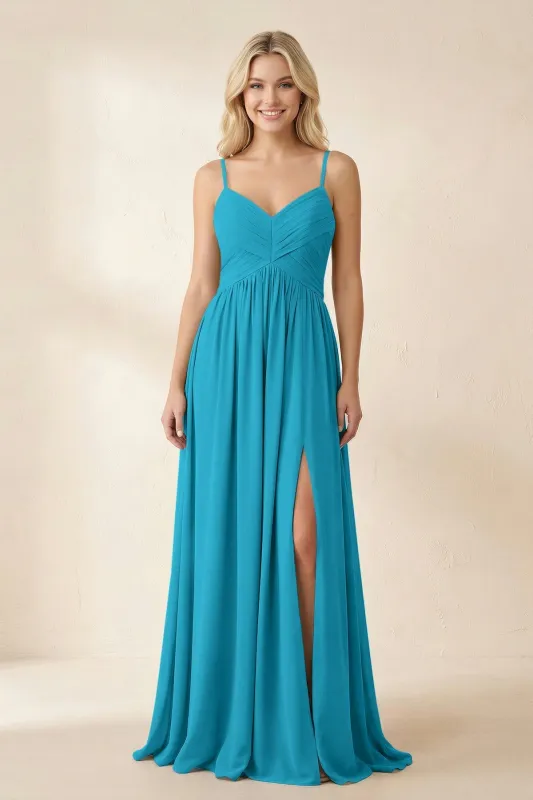 Cami Strap Chiffon A-Line Bridesmaid Dress with Slit in Blue Jay made by KissProm