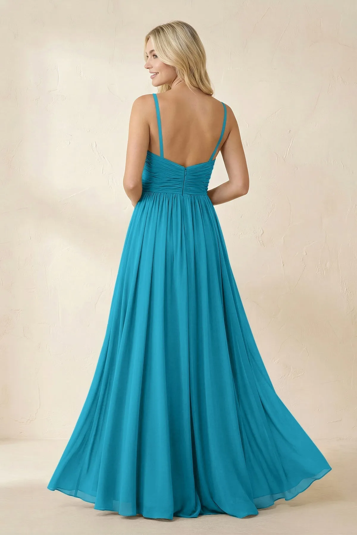 Cami Strap Chiffon A-Line Bridesmaid Dress with Slit in Blue Jay sold by KissProm product image thumbnail 2
