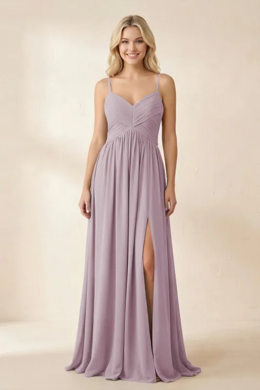 Cami Strap Chiffon A-Line Bridesmaid Dress with Slit in Dusk made by KissProm