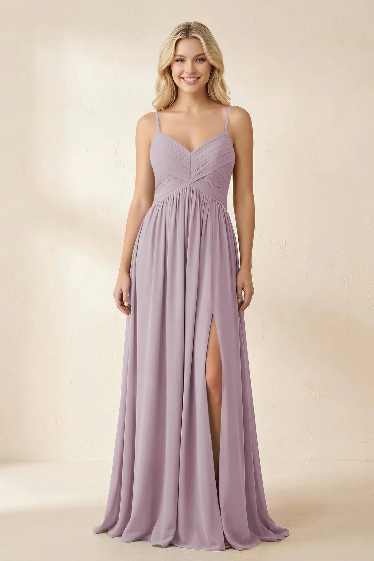 Cami Strap Chiffon A-Line Bridesmaid Dress with Slit in Dusk sold by KissProm