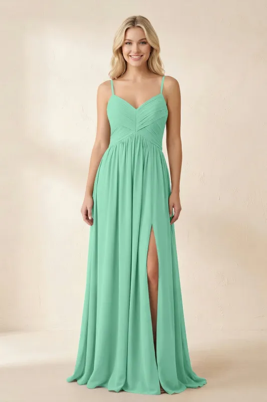 Cami Strap Chiffon A-Line Bridesmaid Dress with Slit in Turquoise made by KissProm