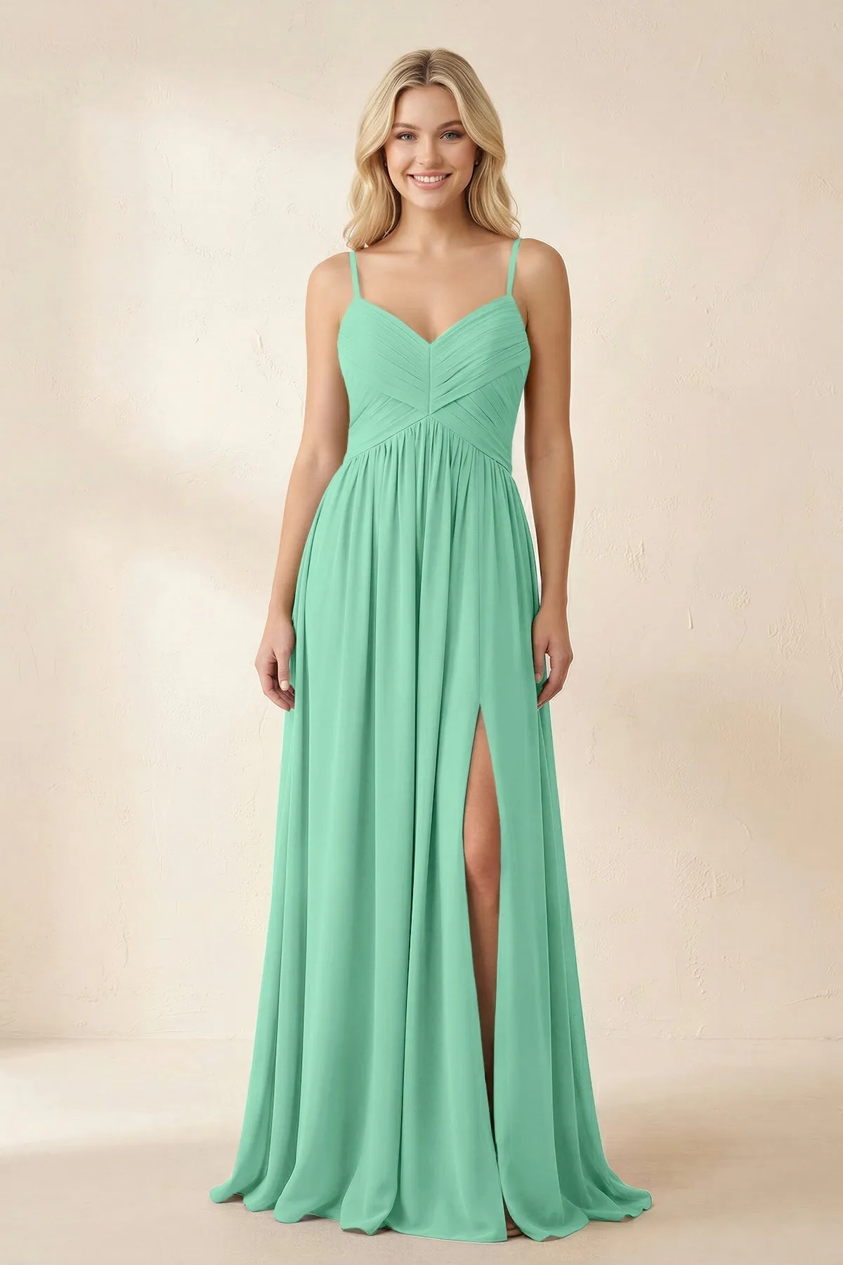Cami Strap Chiffon A-Line Bridesmaid Dress with Slit in Turquoise sold by KissProm