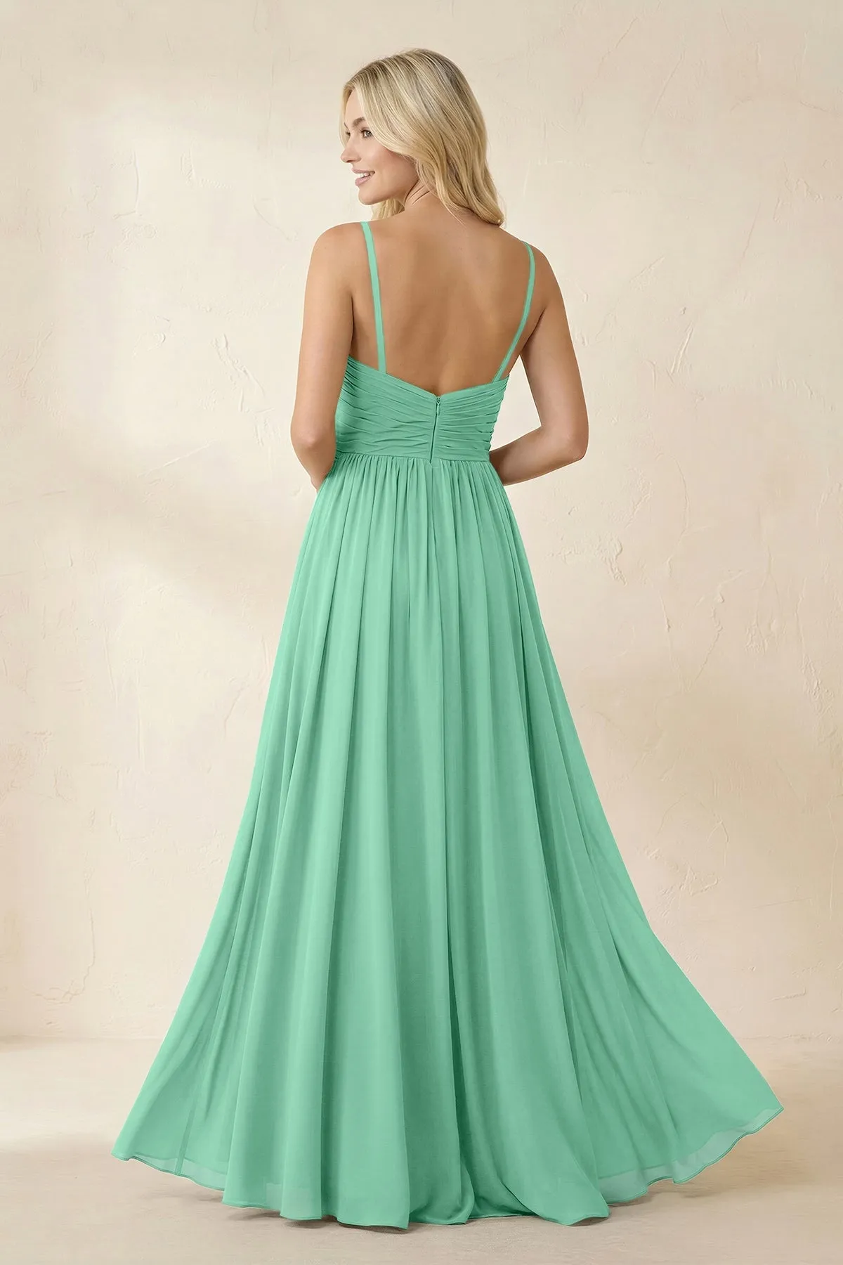 Cami Strap Chiffon A-Line Bridesmaid Dress with Slit in Turquoise sold by KissProm product image thumbnail 2