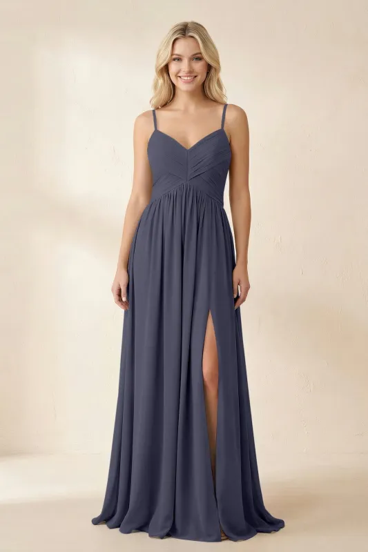 Cami Strap Chiffon A-Line Bridesmaid Dress with Slit in Dusk Blue made by KissProm
