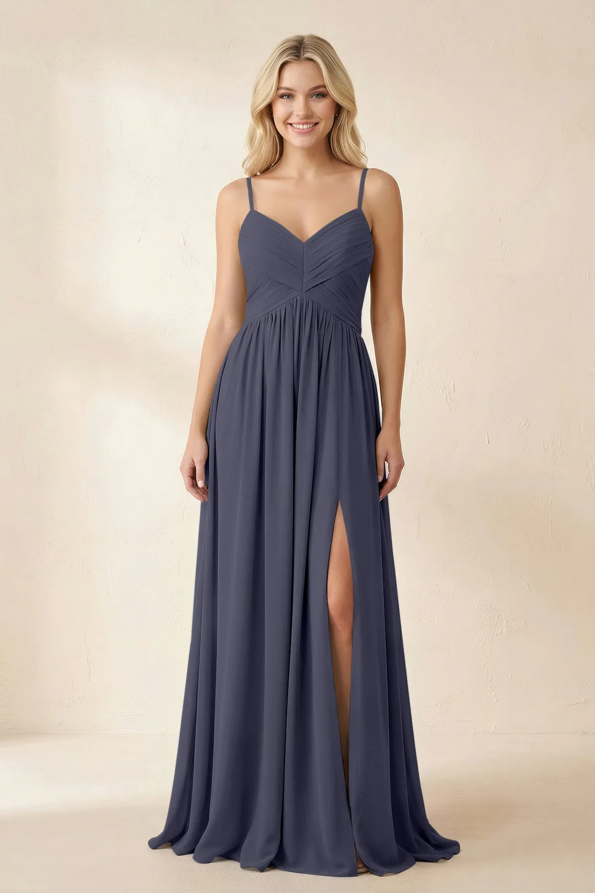 Cami Strap Chiffon A-Line Bridesmaid Dress with Slit in Dusk Blue sold by KissProm