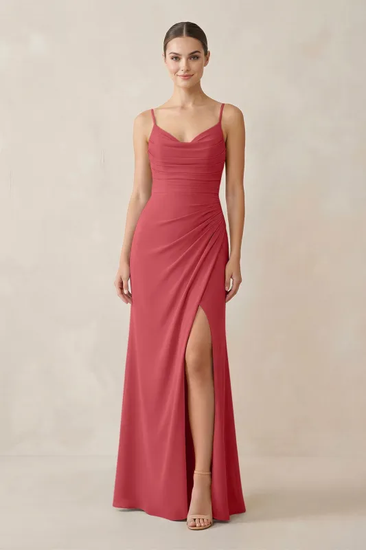Ruched Sheath Spaghetti Strap Chiffon Bridesmaid Dress in Merlot made by KissProm