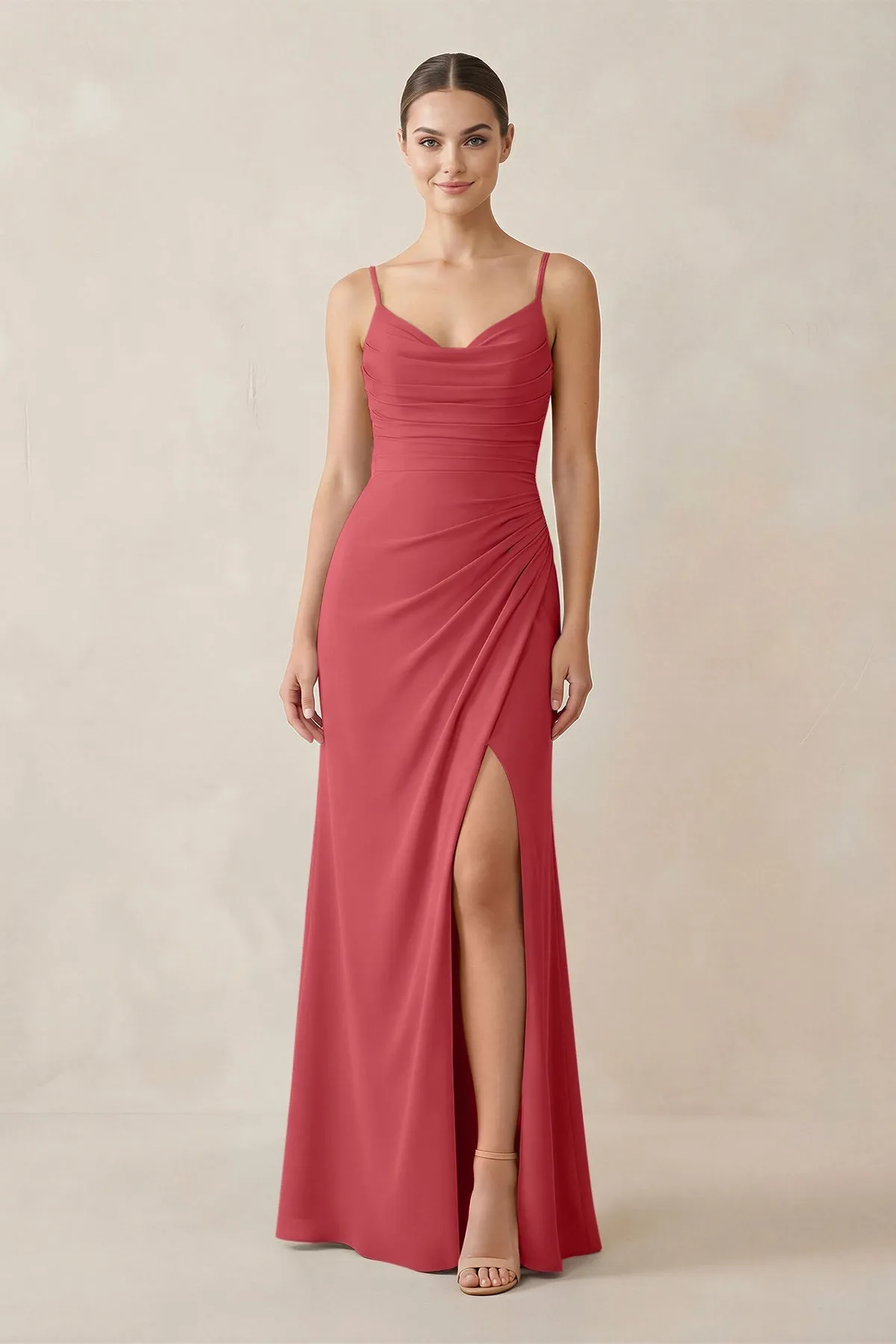 Ruched Sheath Spaghetti Strap Chiffon Bridesmaid Dress in Merlot sold by KissProm