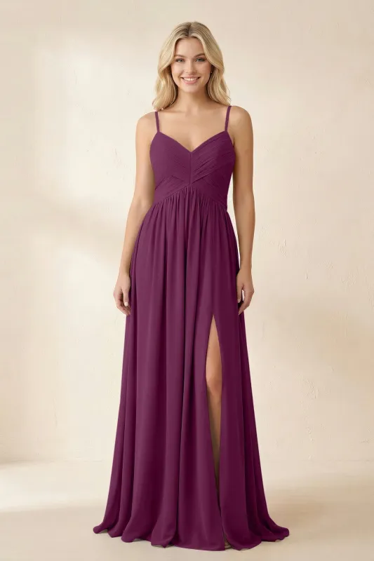 Cami Strap Chiffon A-Line Bridesmaid Dress with Slit in Fig made by KissProm