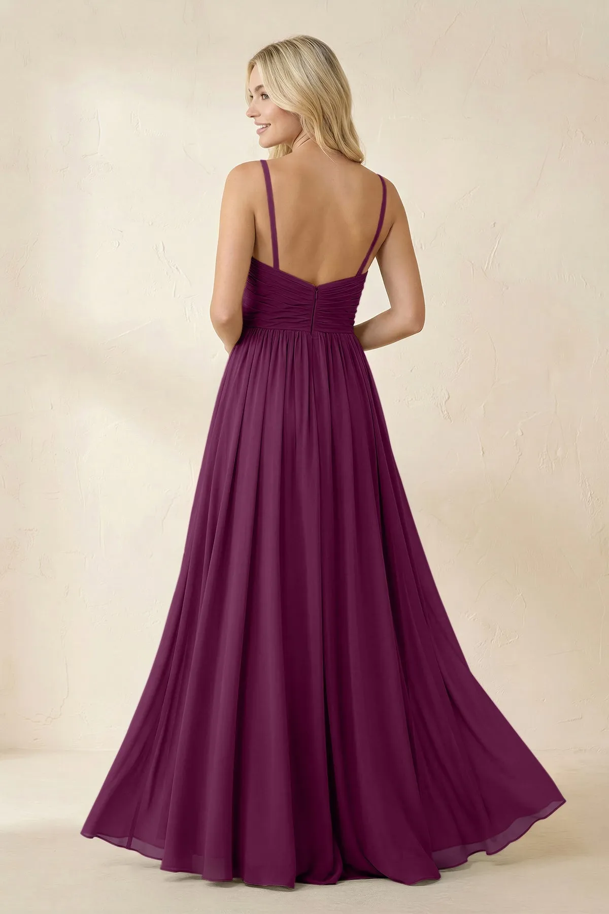 Cami Strap Chiffon A-Line Bridesmaid Dress with Slit in Fig sold by KissProm product image thumbnail 2