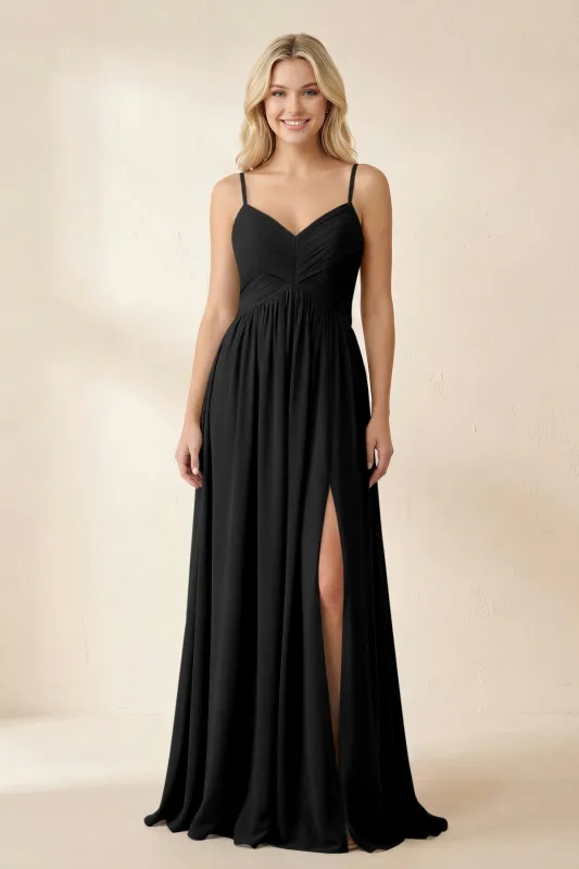 Cami Strap Chiffon A-Line Bridesmaid Dress with Slit in Black made by KissProm