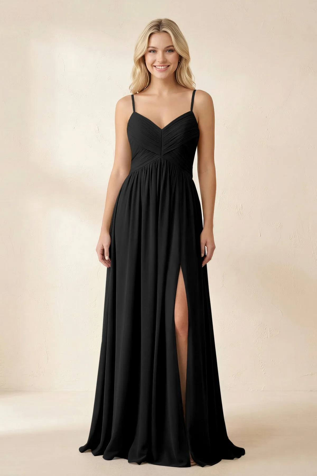 Cami Strap Chiffon A-Line Bridesmaid Dress with Slit in Black sold by KissProm