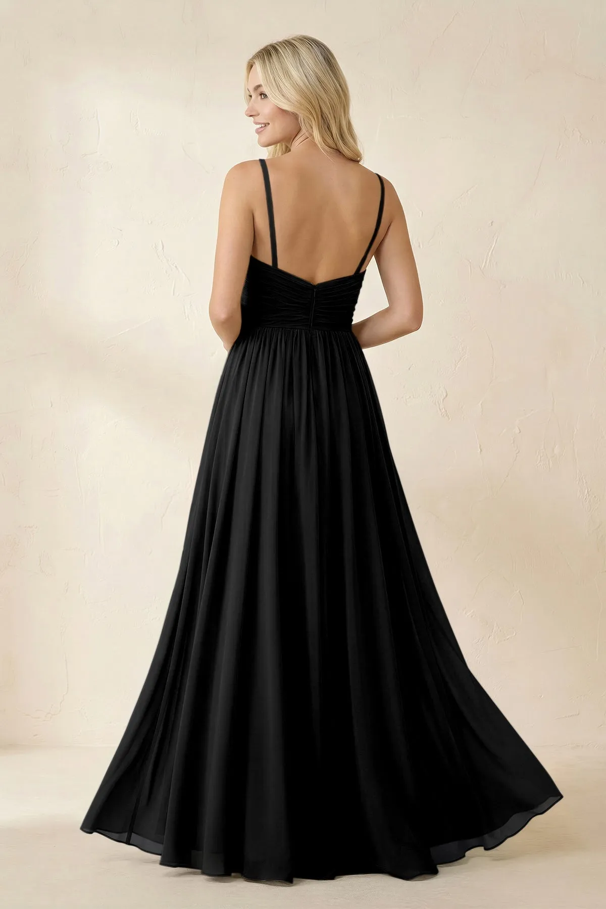 Cami Strap Chiffon A-Line Bridesmaid Dress with Slit in Black sold by KissProm product image thumbnail 2