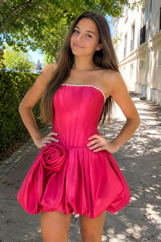 Fuchsia A-Line Bubble Hem Satin Strapless Corset Homecoming Dress made by KissProm