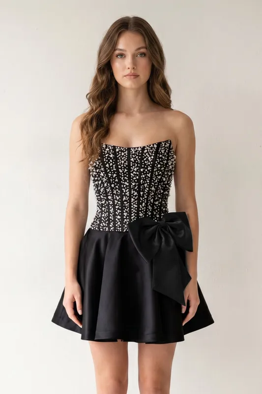 Black Sparkly Strapless A-Line Satin Corset Mini Homecoming Dress With Pearl made by KissProm