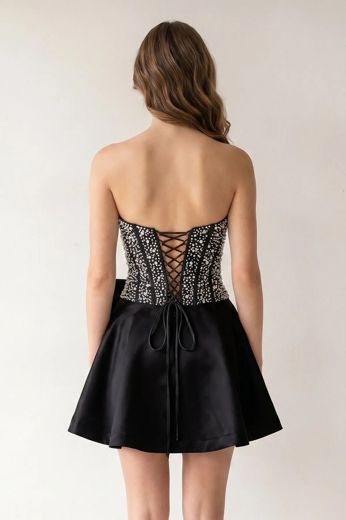 Black Sparkly Strapless A-Line Satin Corset Mini Homecoming Dress With Pearl sold by KissProm product image thumbnail 2