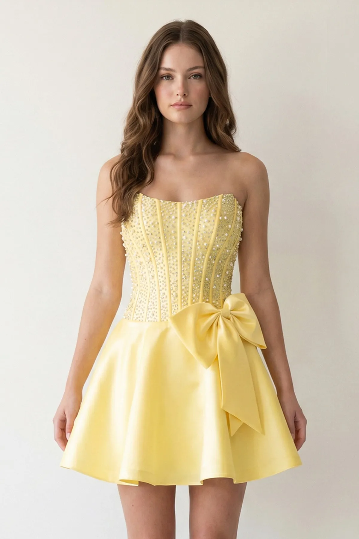 Black Sparkly Strapless A-Line Satin Corset Mini Homecoming Dress With Pearl sold by KissProm product image thumbnail 4