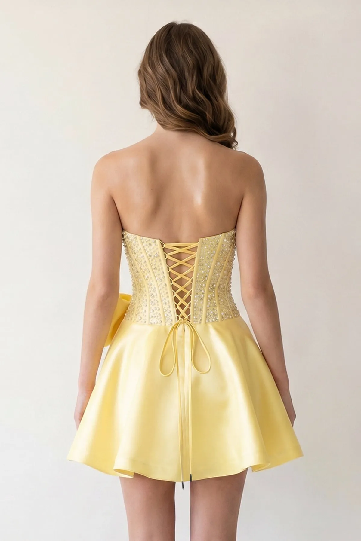 Black Sparkly Strapless A-Line Satin Corset Mini Homecoming Dress With Pearl sold by KissProm product image thumbnail 5