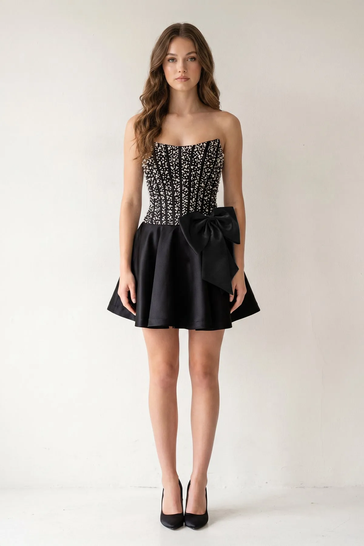 Black Sparkly Strapless A-Line Satin Corset Mini Homecoming Dress With Pearl sold by KissProm product image thumbnail 3