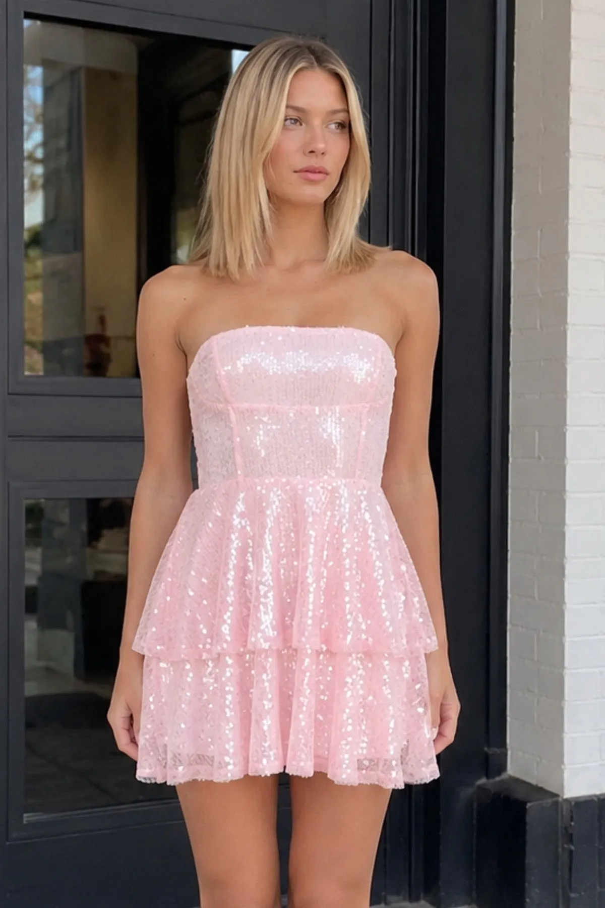 Pink Strapless Sequined A-Line Tiered Tulle Homecoming Dress sold by KissProm