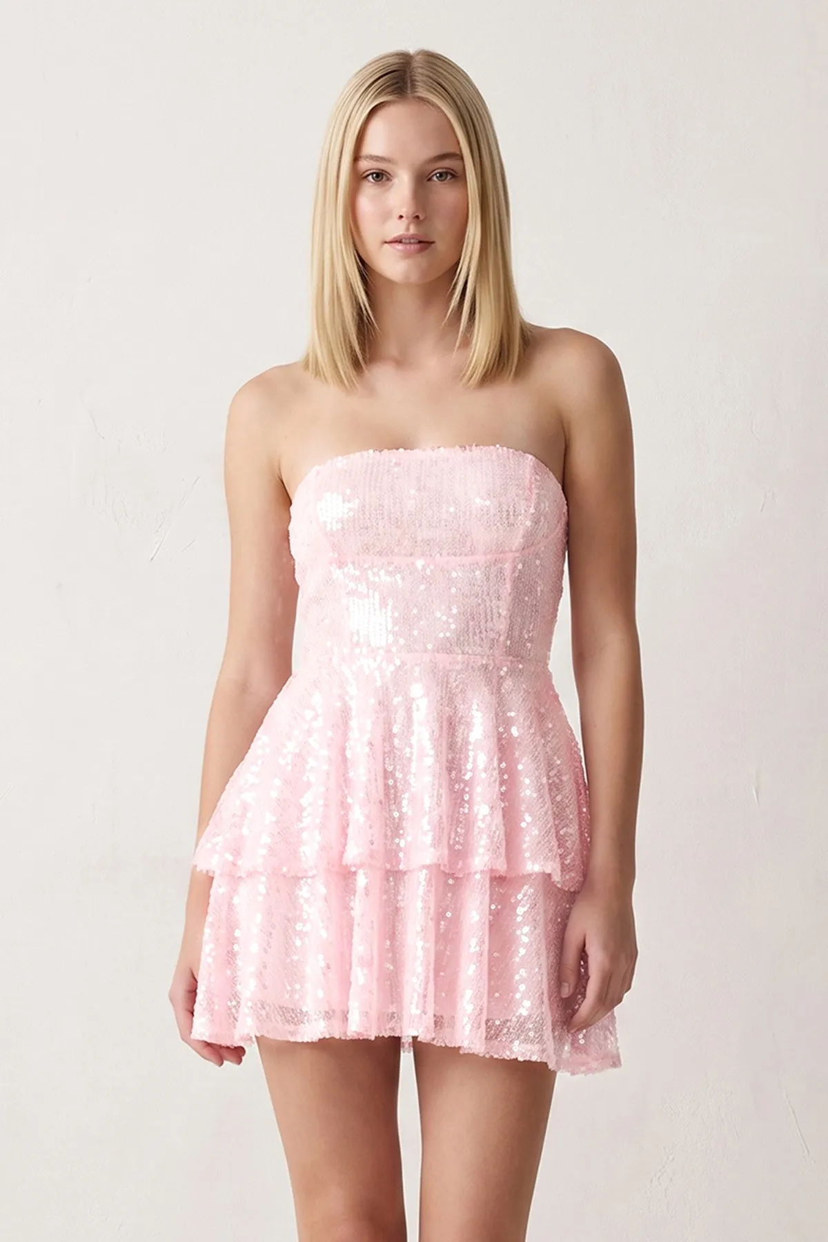 Pink Strapless Sequined A-Line Tiered Tulle Homecoming Dress sold by KissProm product image thumbnail 4