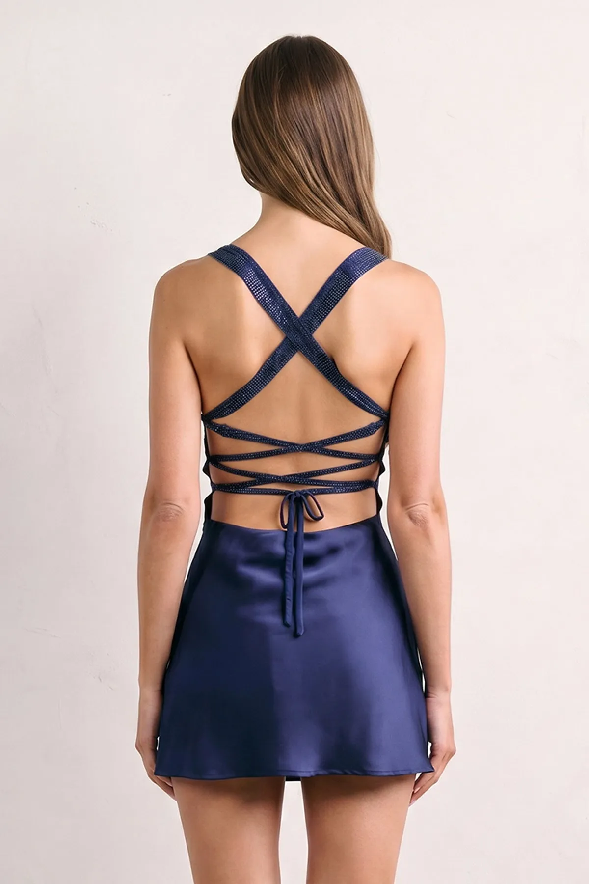 Navy Blue Sweetheart Satin Sheath Mini Homecoming Dress With Beading sold by KissProm product image thumbnail 4