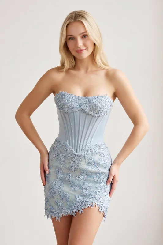 Sky Blue Strapless Embroidered Lace Sheath Corset Homecoming Dress made by KissProm