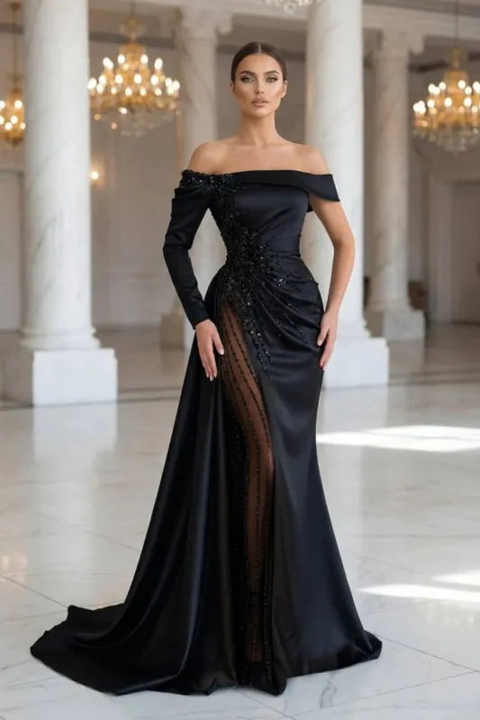 Sheath Off-The-Shoulder Long Sleeves Satin/Sequined Party Dress made by KissProm