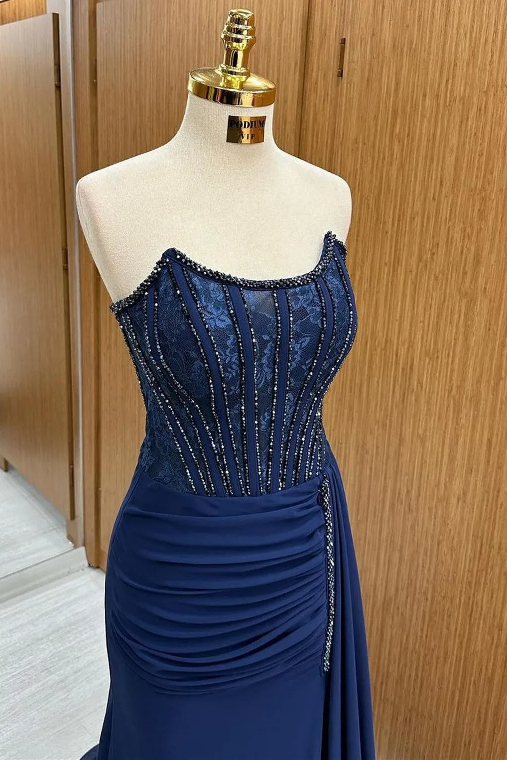 Maliyah | Navy Lace Beaded Strapless Long Formal Dress with Attached Train sold by KissProm product image thumbnail 3