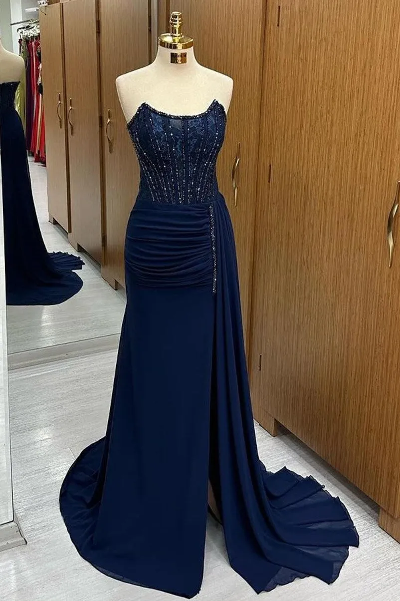 Maliyah | Navy Lace Beaded Strapless Long Formal Dress with Attached Train sold by KissProm
